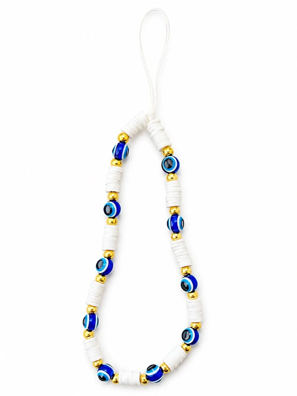 Evil Eye 🧿 Blue Beaded Phone Charm Wrist Strap White Gold Beads